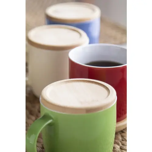 Tazza in ceramica colorata di alta qualità da 335ml con interno bianco sottobicchiere coperchio in bambù