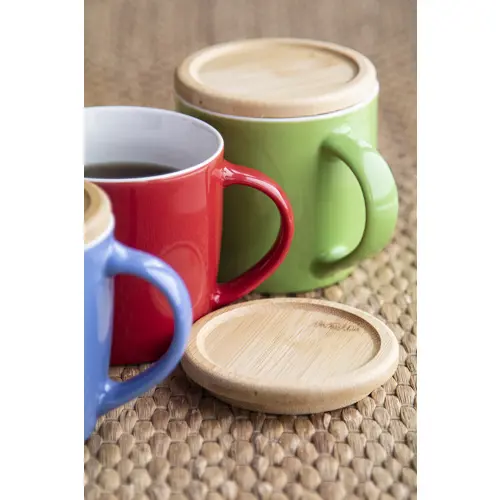 Tazza in ceramica colorata di alta qualità da 335ml con interno bianco sottobicchiere coperchio in bambù