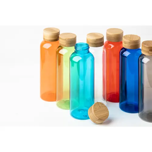 Borraccia in RPET trasparente in diverse colazionicon tappo in bambù da 500ml