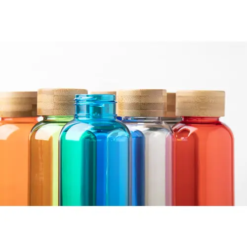 Borraccia in RPET trasparente in diverse colazionicon tappo in bambù da 500ml