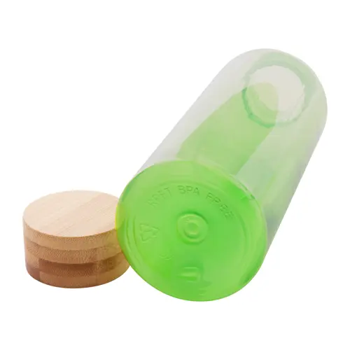 Borraccia in RPET trasparente in diverse colazionicon tappo in bambù da 500ml