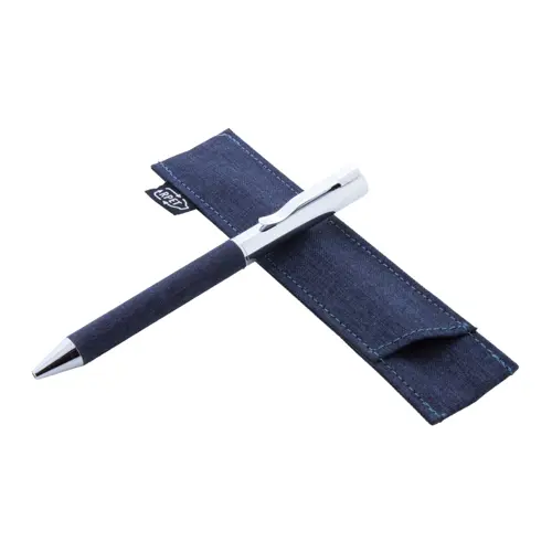 Penna a sfera in metallo con meccanismo a rotazione e fusto rivestito in poliestere RPET  con astuccio coordinato in RPET refill blu