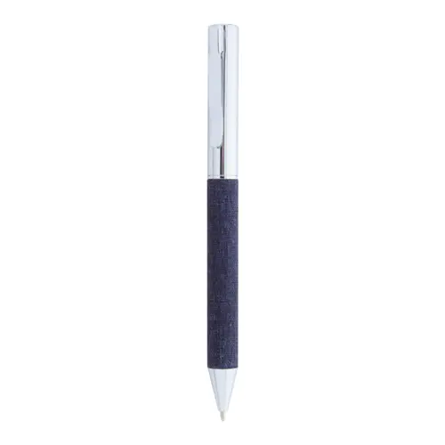 Penna a sfera in metallo con meccanismo a rotazione e fusto rivestito in poliestere RPET  con astuccio coordinato in RPET refill blu