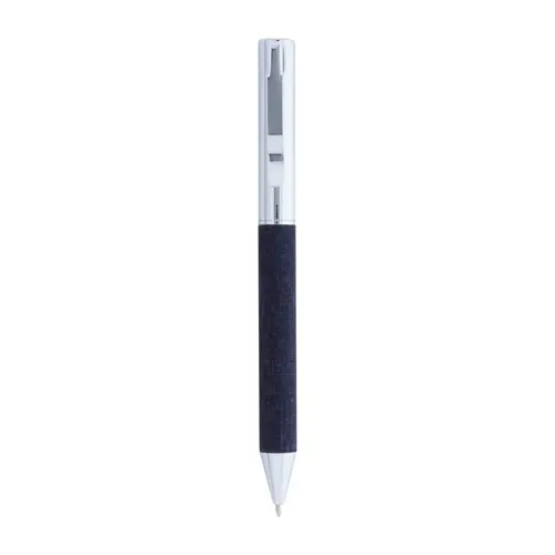 Penna a sfera in metallo con meccanismo a rotazione e fusto rivestito in poliestere RPET  con astuccio coordinato in RPET refill blu