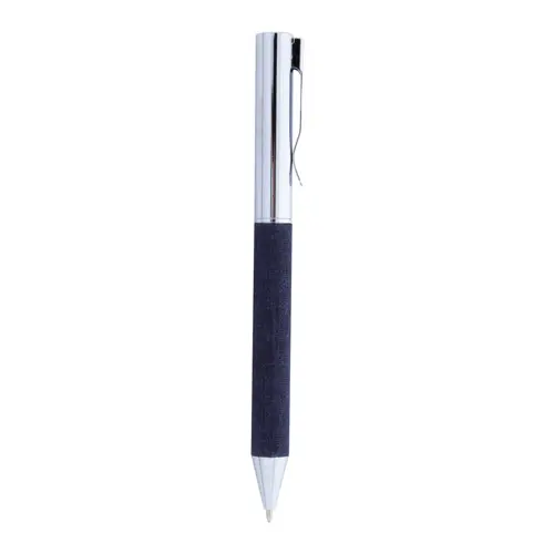 Penna a sfera in metallo con meccanismo a rotazione e fusto rivestito in poliestere RPET  con astuccio coordinato in RPET refill blu