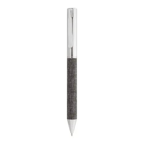 Penna a sfera in metallo con meccanismo a rotazione e fusto rivestito in poliestere RPET  con astuccio coordinato in RPET refill blu