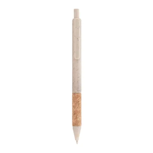 Penna a sfera in plastica ecologica di paglia di grano con impugnatura in sughero naturale refill blu