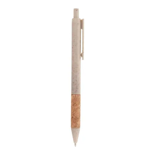 Penna a sfera in plastica ecologica di paglia di grano con impugnatura in sughero naturale refill blu