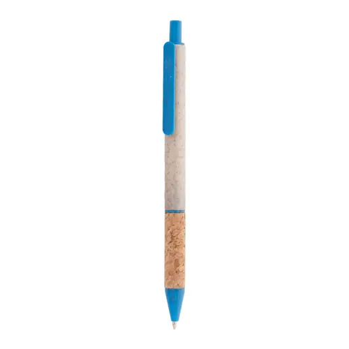 Penna a sfera in plastica ecologica di paglia di grano con impugnatura in sughero naturale refill blu