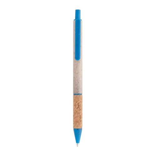 Penna a sfera in plastica ecologica di paglia di grano con impugnatura in sughero naturale refill blu