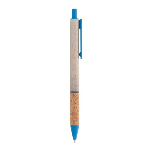 Penna a sfera in plastica ecologica di paglia di grano con impugnatura in sughero naturale refill blu