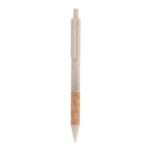 Penna a sfera in plastica ecologica di paglia di grano con impugnatura in sughero naturale refill blu