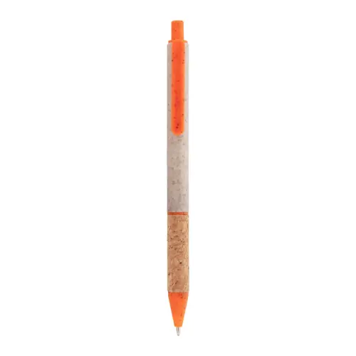 Penna a sfera in plastica ecologica di paglia di grano con impugnatura in sughero naturale refill blu