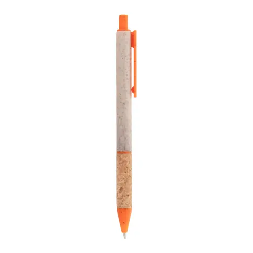 Penna a sfera in plastica ecologica di paglia di grano con impugnatura in sughero naturale refill blu