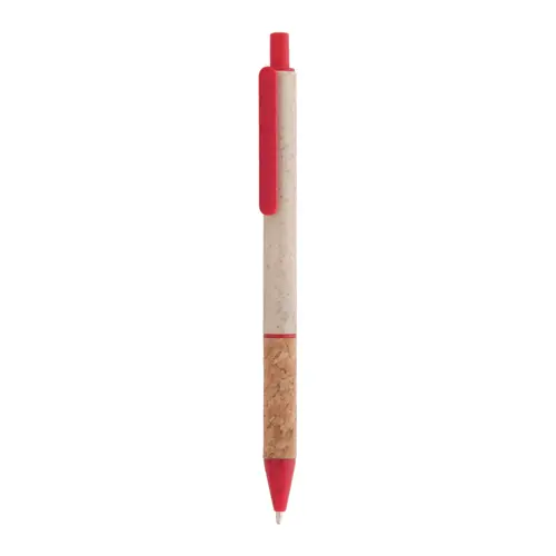 Penna a sfera in plastica ecologica di paglia di grano con impugnatura in sughero naturale refill blu