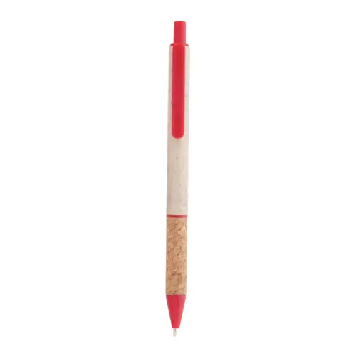 Penna a sfera in plastica ecologica di paglia di grano con impugnatura in sughero naturale refill blu