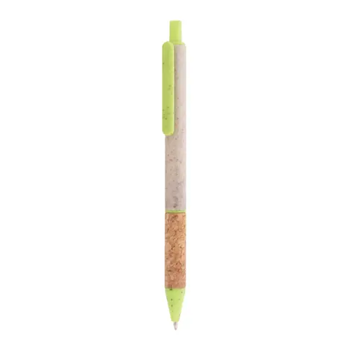 Penna a sfera in plastica ecologica di paglia di grano con impugnatura in sughero naturale refill blu