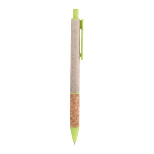 Penna a sfera in plastica ecologica di paglia di grano con impugnatura in sughero naturale refill blu