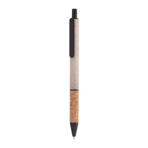 Penna a sfera in plastica ecologica di paglia di grano con impugnatura in sughero naturale refill blu