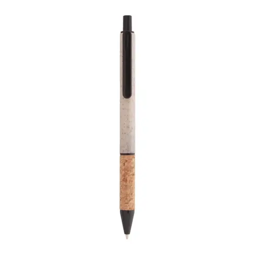 Penna a sfera in plastica ecologica di paglia di grano con impugnatura in sughero naturale refill blu