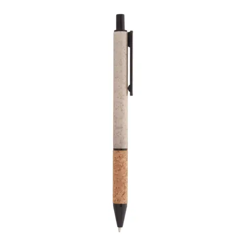 Penna a sfera in plastica ecologica di paglia di grano con impugnatura in sughero naturale refill blu