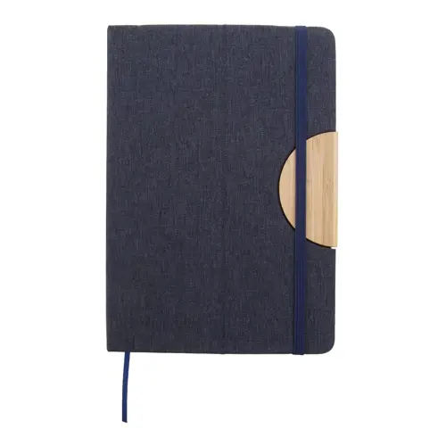 Block notes A5 con copertina in RPET e 80 fogli a righe in carta riciclata con inserto in bambù portacellulare