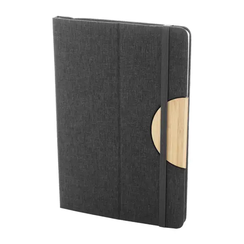 Block notes A5 con copertina in RPET e 80 fogli a righe in carta riciclata con inserto in bambù portacellulare