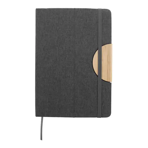 Block notes A5 con copertina in RPET e 80 fogli a righe in carta riciclata con inserto in bambù portacellulare