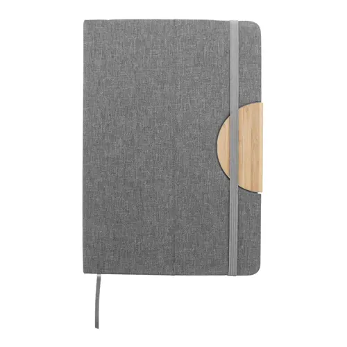 Block notes A5 con copertina in RPET e 80 fogli a righe in carta riciclata con inserto in bambù portacellulare