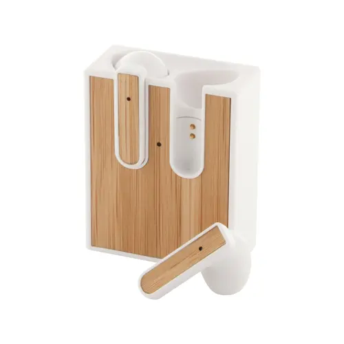 Auricolare bluetooth wireless in plastica ABS riciclata con inserto in bambù