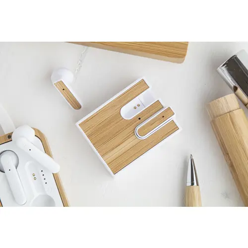Auricolare bluetooth wireless in plastica ABS riciclata con inserto in bambù