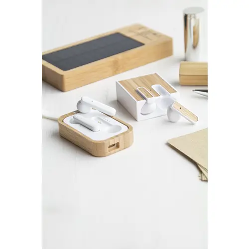 Auricolare bluetooth wireless in plastica ABS riciclata con inserto in bambù