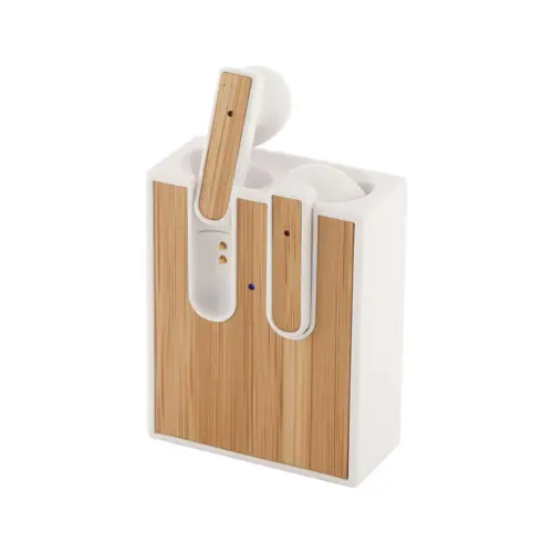Auricolare bluetooth wireless in plastica ABS riciclata con inserto in bambù