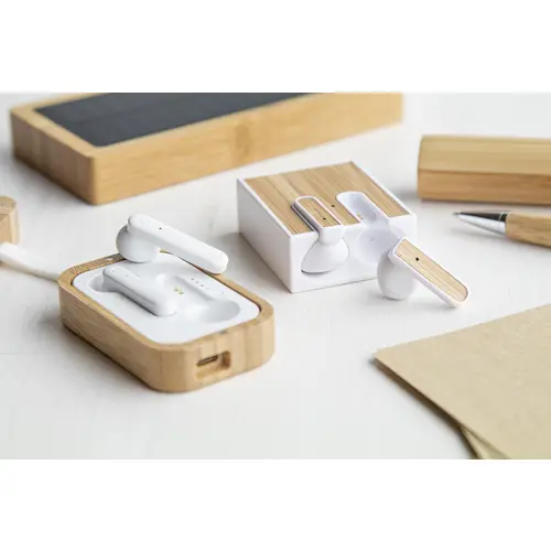 Auricolare bluetooth wireless in plastica ABS riciclata con inserto in bambù