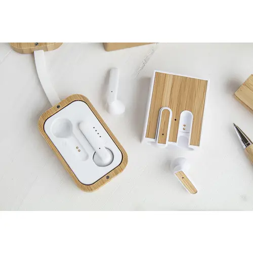 Auricolare bluetooth wireless in plastica ABS riciclata con inserto in bambù
