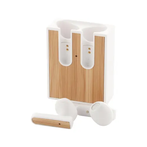Auricolare bluetooth wireless in plastica ABS riciclata con inserto in bambù
