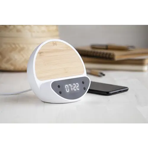 Sveglia con caricatore wireless 15W in ABS riciclato e corpo in bambù con supporto per telefono cellulare