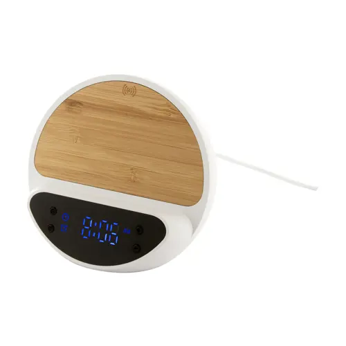 Sveglia con caricatore wireless 15W in ABS riciclato e corpo in bambù con supporto per telefono cellulare