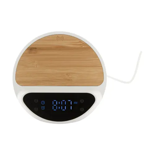 Sveglia con caricatore wireless 15W in ABS riciclato e corpo in bambù con supporto per telefono cellulare