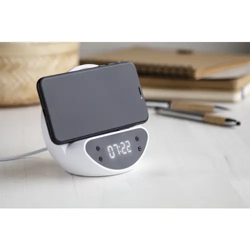 Sveglia con caricatore wireless 15W in ABS riciclato e corpo in bambù con supporto per telefono cellulare