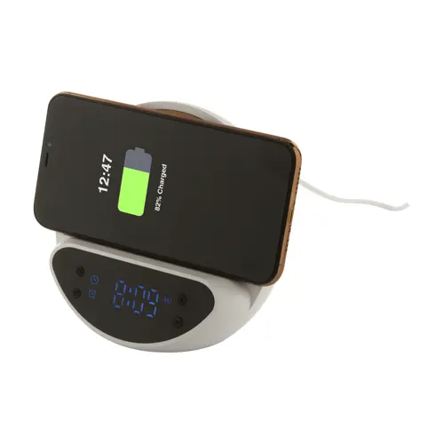 Sveglia con caricatore wireless 15W in ABS riciclato e corpo in bambù con supporto per telefono cellulare