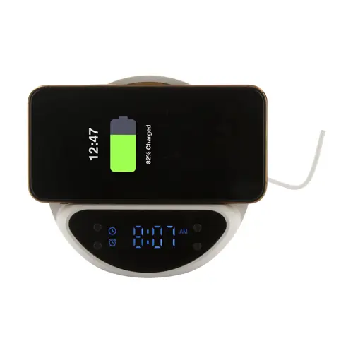Sveglia con caricatore wireless 15W in ABS riciclato e corpo in bambù con supporto per telefono cellulare