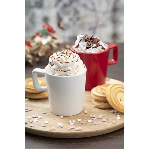 Tazza in ceramica colorata con manico rettangolare in confezione in cartoncino kraft da 280ml