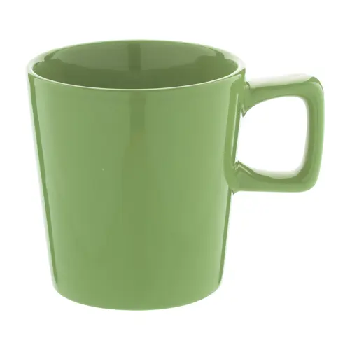 Tazza in ceramica colorata con manico rettangolare in confezione in cartoncino kraft da 280ml
