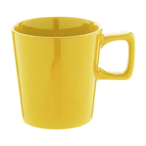 Tazza in ceramica colorata con manico rettangolare in confezione in cartoncino kraft da 280ml