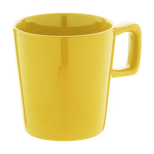 Tazza in ceramica colorata con manico rettangolare in confezione in cartoncino kraft da 280ml