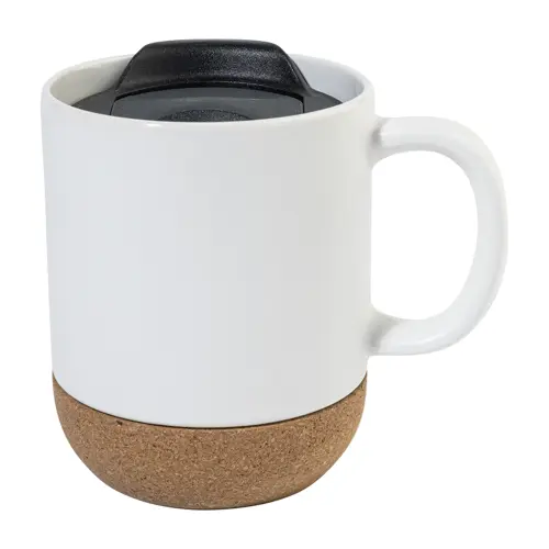 Tazza in ceramica con base in sughero coperchio in PP finitura esterna opaca ed interna lucida confezione in cartoncino kraft 325ml