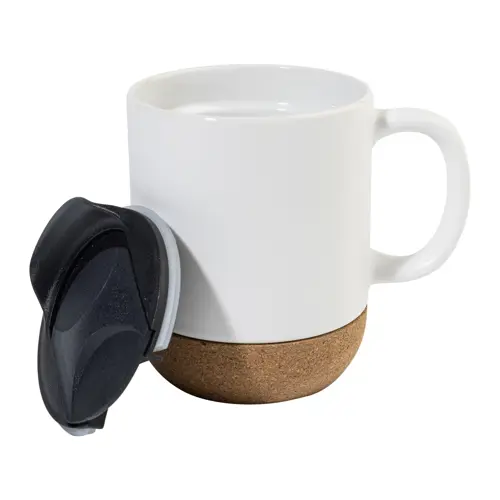 Tazza in ceramica con base in sughero coperchio in PP finitura esterna opaca ed interna lucida confezione in cartoncino kraft 325ml