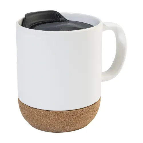 Tazza in ceramica con base in sughero coperchio in PP finitura esterna opaca ed interna lucida confezione in cartoncino kraft 325ml