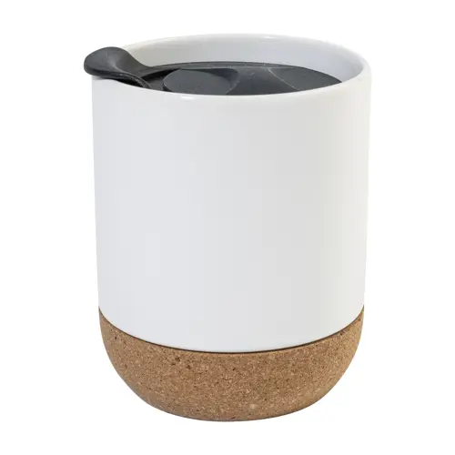 Tazza in ceramica con base in sughero coperchio in PP finitura esterna opaca ed interna lucida confezione in cartoncino kraft 325ml